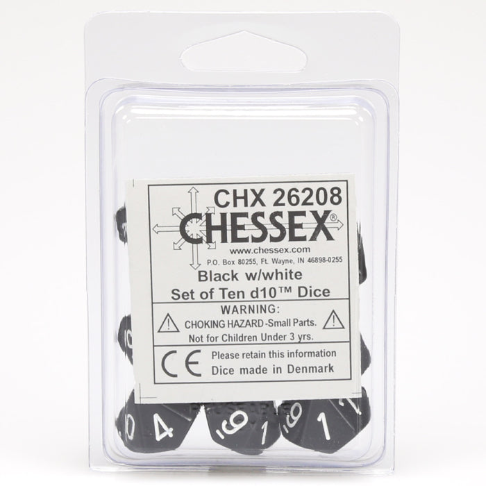 Dice: Chessex d10 Clamshell Black with White Numbers (Set of 10)