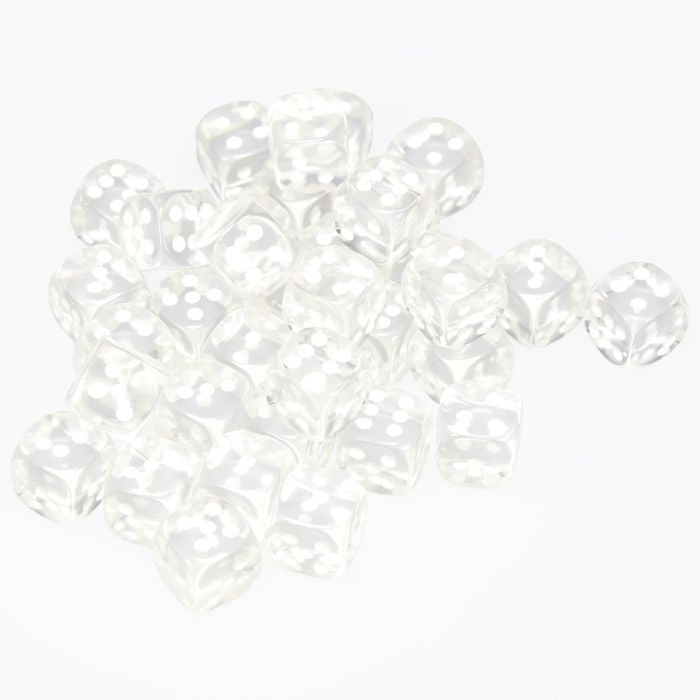 d6 Cube 12mm Translucent Clear with White (36)