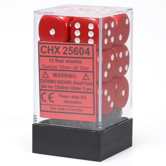 d6 Cube 16mm Opaque Red/White (12)