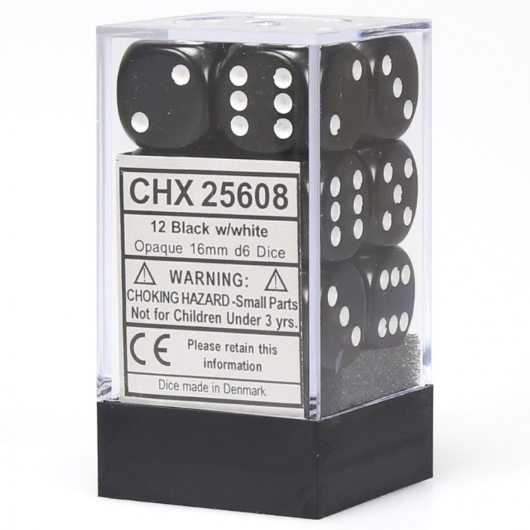 d6 Cube 16mm Black/White (12)
