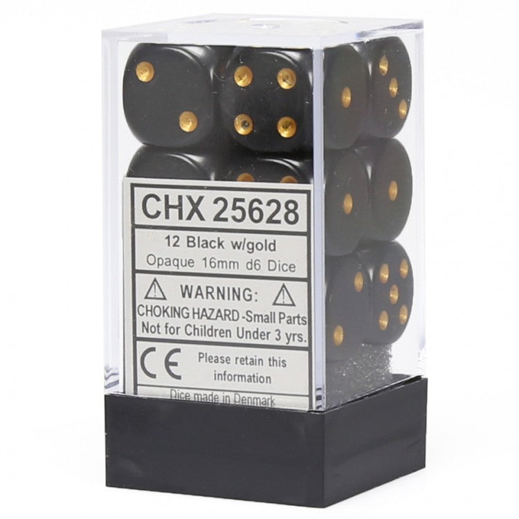 d6 Cube 16mm Black/Gold (12)