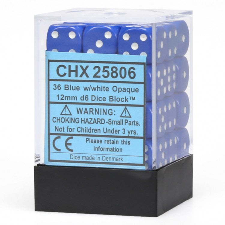 d6 Cube 12mm Opaque Blue/White (36)