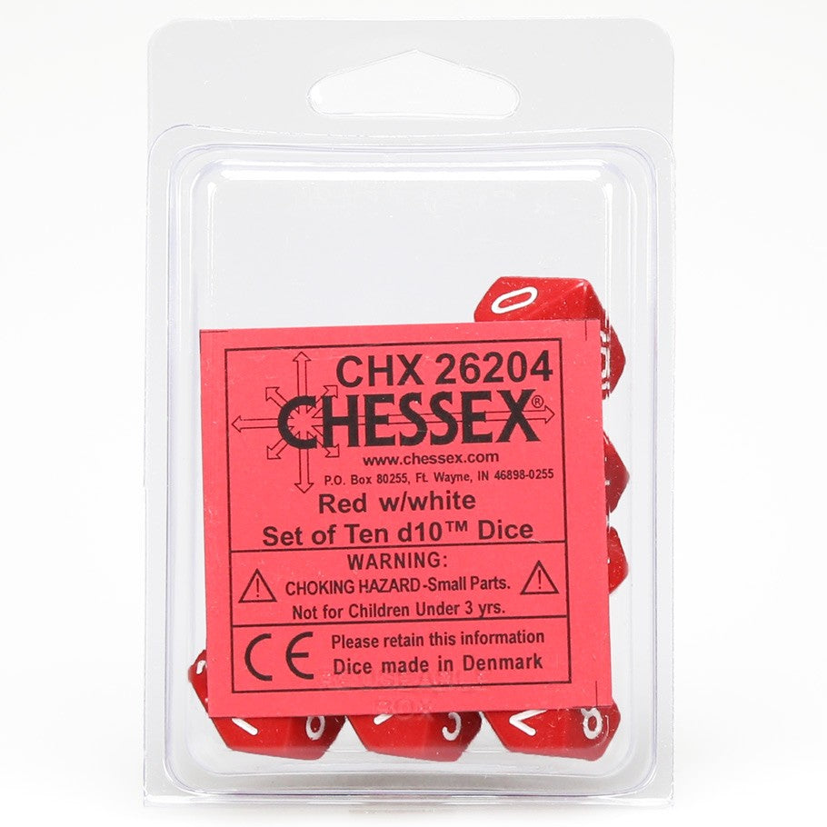 Dice: Chessex d10 Clamshell Red with White Numbers (Set of 10)