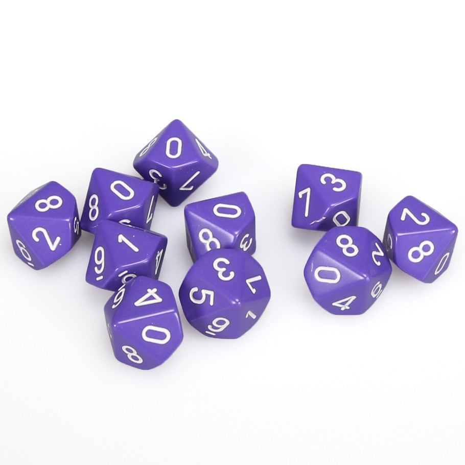 Dice: Chessex d10 Clamshell Purple with White Numbers (Set of 10)