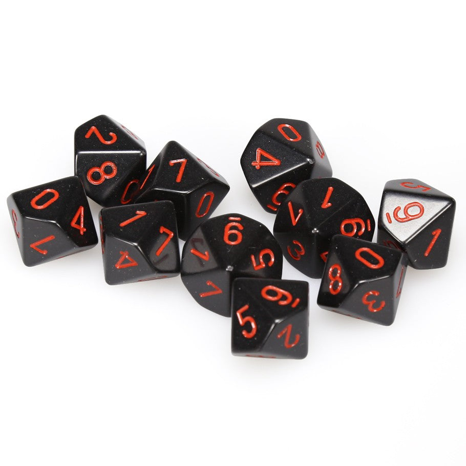 Dice: Chessex d10 Clamshell Black with Red Numbers (Set of 10)