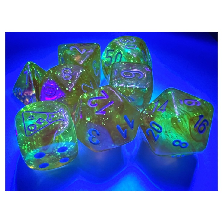 7-Set Tube Lab Dice Borealis Canary Yellow with White Numbers (Glow in the Dark)