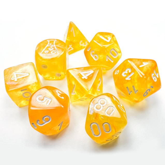 7-Set Tube Lab Dice Borealis Canary Yellow with White Numbers (Glow in the Dark)