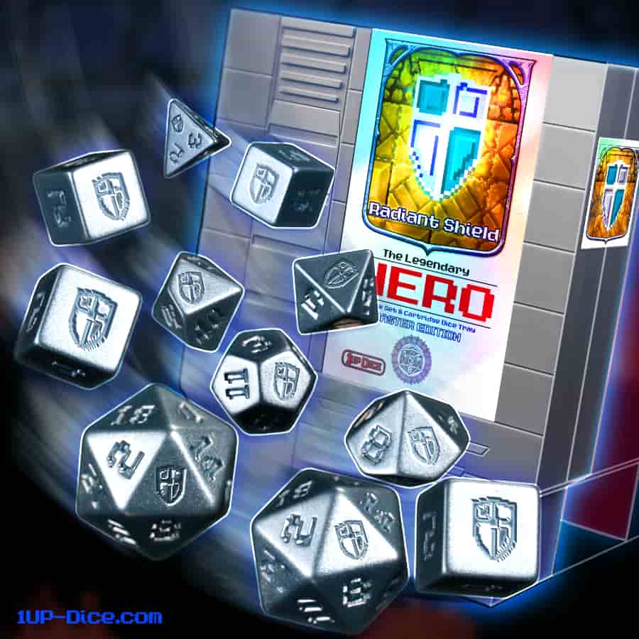 ONE-UP DICE: POLYHEDRAL CARTRIDGE 7CT SETS: RADIANT SILVER SHIELD