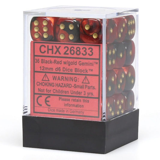 d6 Cube 12mm Gemini Black and Red with Gold (36)