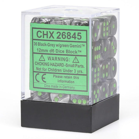 d6 Cube 12mm Gemini Black and Grey with Green (36)