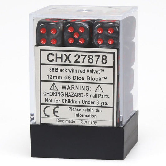 d6 Cube 12mm Velvet Black with Red (36)