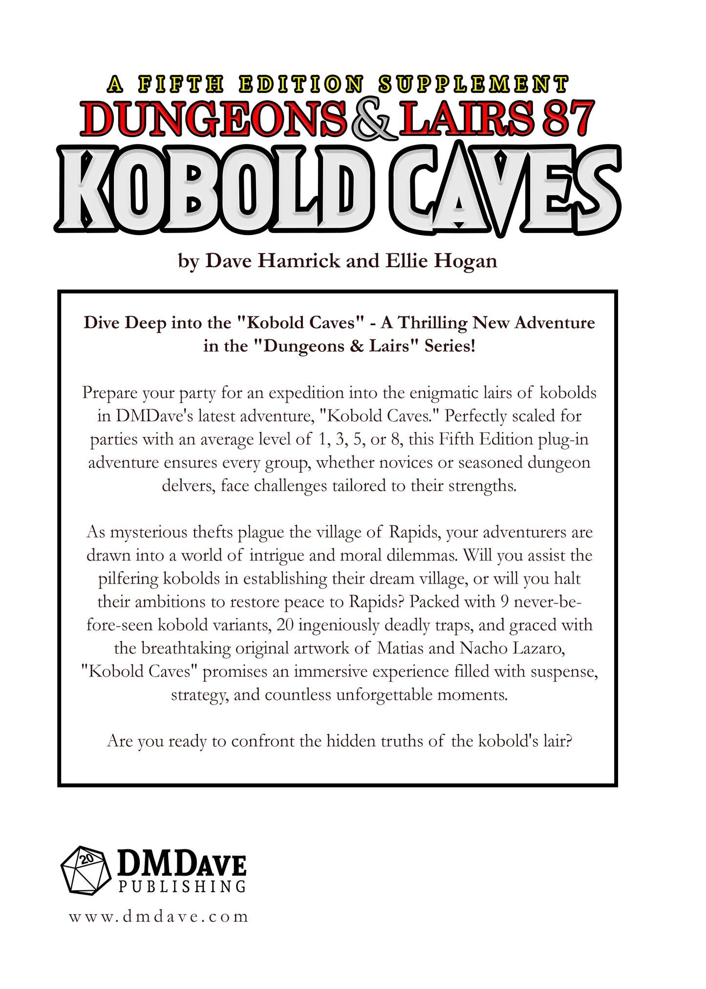 D&D 5e: Dungeons & Lairs #87: Kobold Caves (A Fifth Edition Adventure for Levels 1, 3, 5, or 8) (PDF Only)