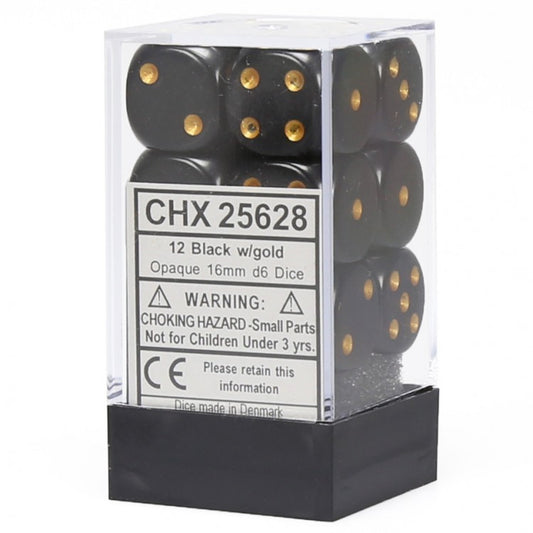 d6 Cube 16mm  Black/Gold (12)