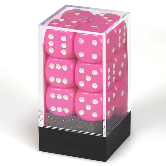 d6 Cube 16mm Opaque Pink and White Dice Set (12)