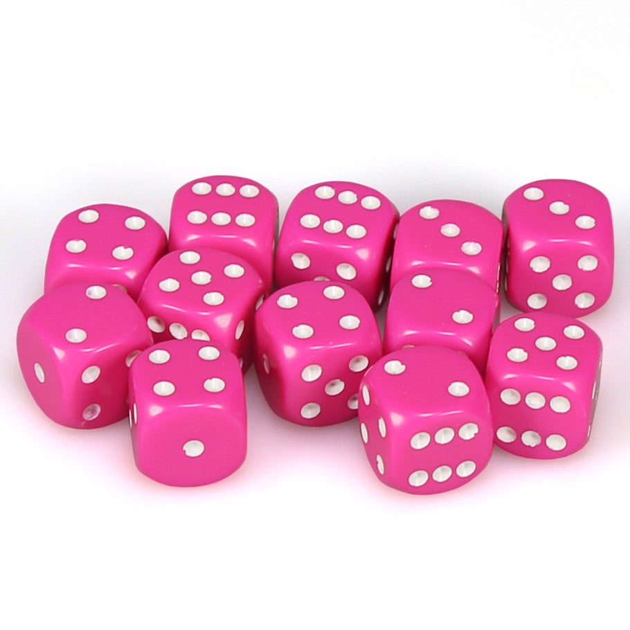 d6 Cube 16mm Opaque Pink and White Dice Set (12)