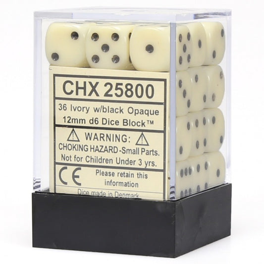 d6 Cube 12mm Opaque Ivory/Black (36)