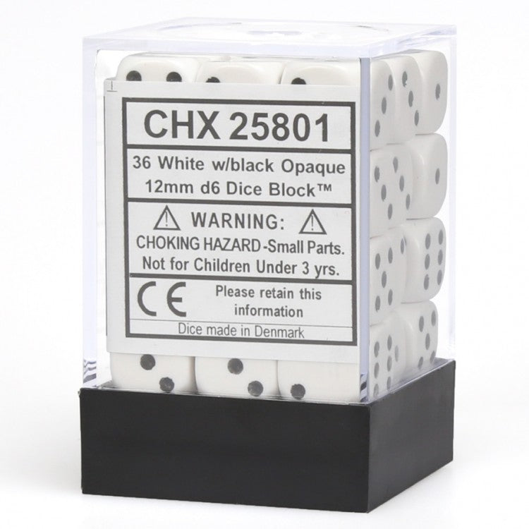 d6 Cube 12mm Opaque White/Black (36)