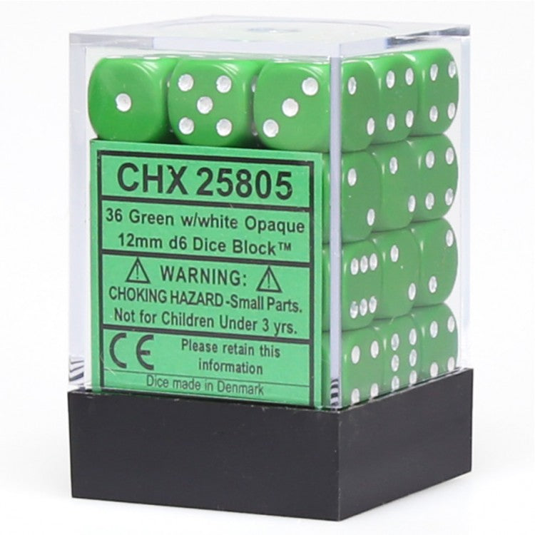 d6 Cube 12mm Opaque Green/White (36)