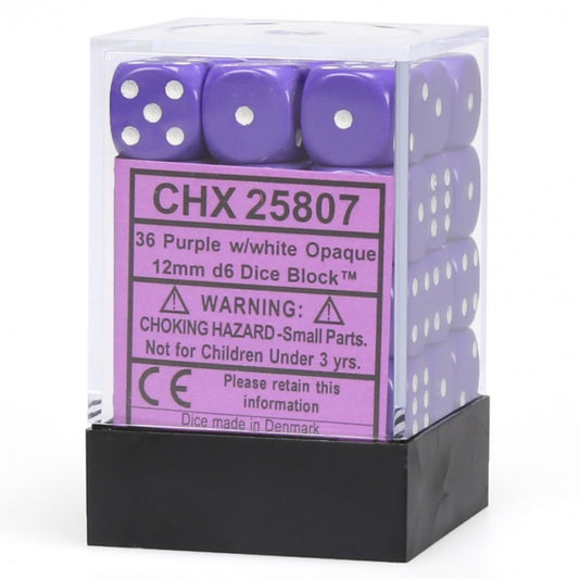 d6 Cube 12mm Opaque Purple/White (36)