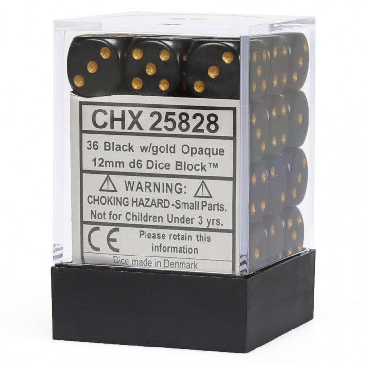 d6 Cube 12mm Opaque Black/Gold (36)