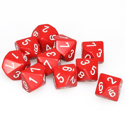 Dice: Chessex d10 Clamshell Red with White Numbers (Set of 10)