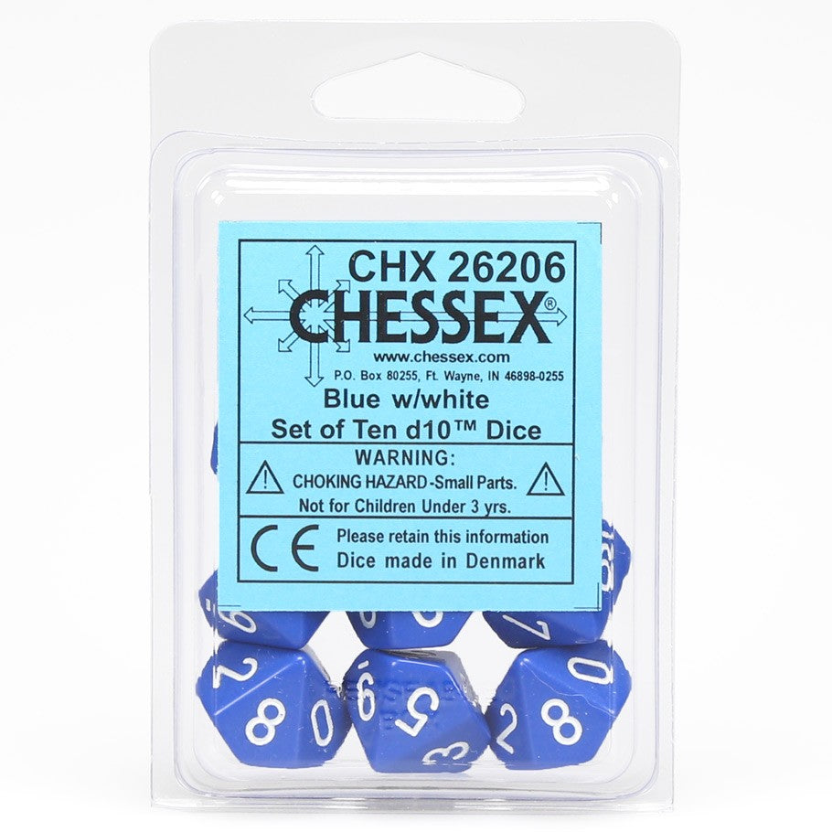 Dice: Chessex d10 Clamshell Blue with White Numbers (Set of 10)