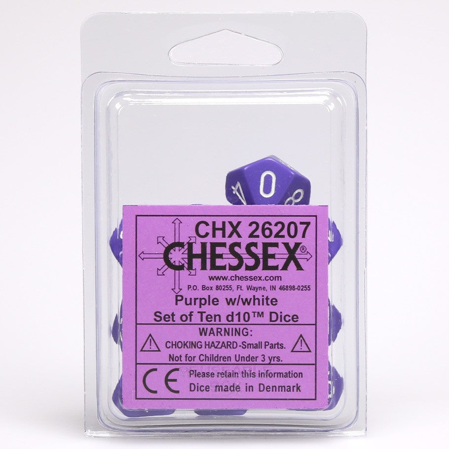 Dice: Chessex d10 Clamshell Purple with White Numbers (Set of 10)