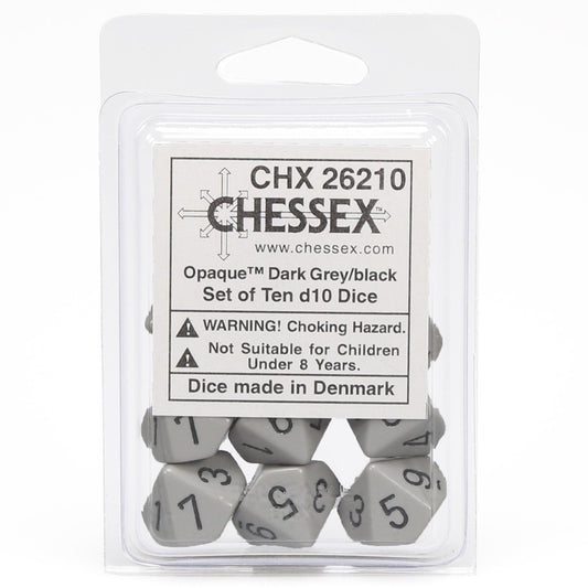 Dice: Chessex d10 Clamshell Opaque Dark Gray and Black (Set of 10)