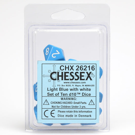 Dice: Chessex d10 Clamshell Light Blue with White Numbers (Set of 10)