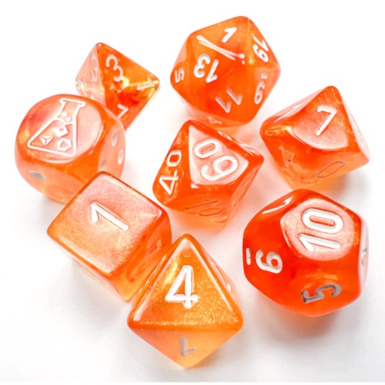 7-Set Tube Lab Dice Borealis Blood Orange with White Numbers (Glow in the Dark)